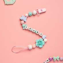 Load image into Gallery viewer, Personalized Pacifier/Teether clip - Aqua Cherry Blossoms